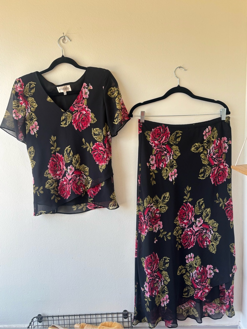 Studio I Black Two-Piece Floral Skirt Set with Pink Roses